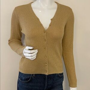 Vintage August Silk Sparkly Gold Metallic Fitted V-neck Cardigan Sweater